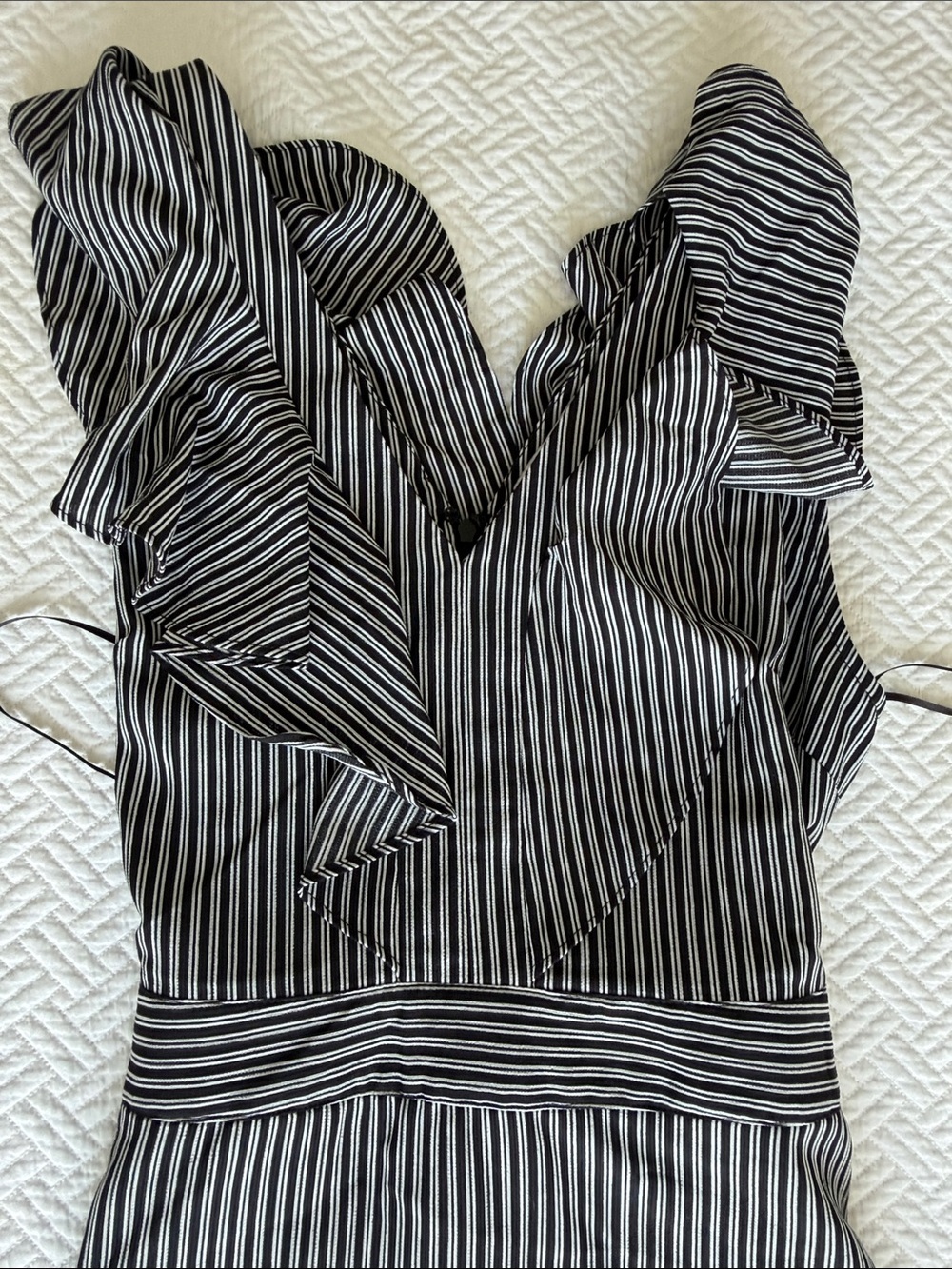 J.O.A. Black and White Vertical Stripe Ruffle Midi Dress - Picture 3 of 7